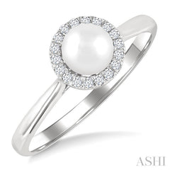 5 MM White Cultured Pearl and 1/20 Ctw Round Cut Diamond Halo Ring in 10K White Gold