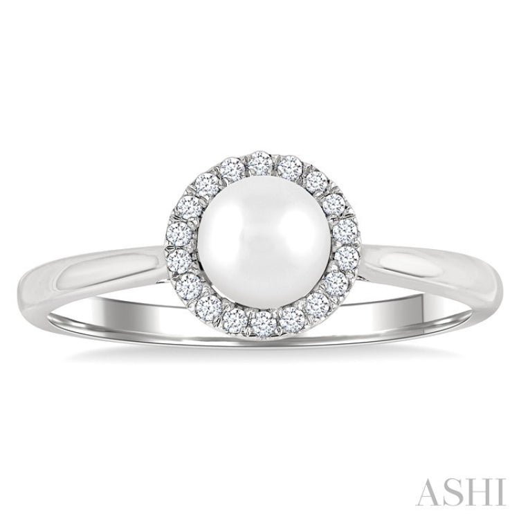 5 MM White Cultured Pearl and 1/20 Ctw Round Cut Diamond Halo Ring in 10K White Gold
