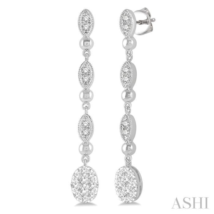 1/2 Ctw Oval Lovebright and Marquise Motif Round Cut Diamond Fashion Long Earrings in 14K White Gold