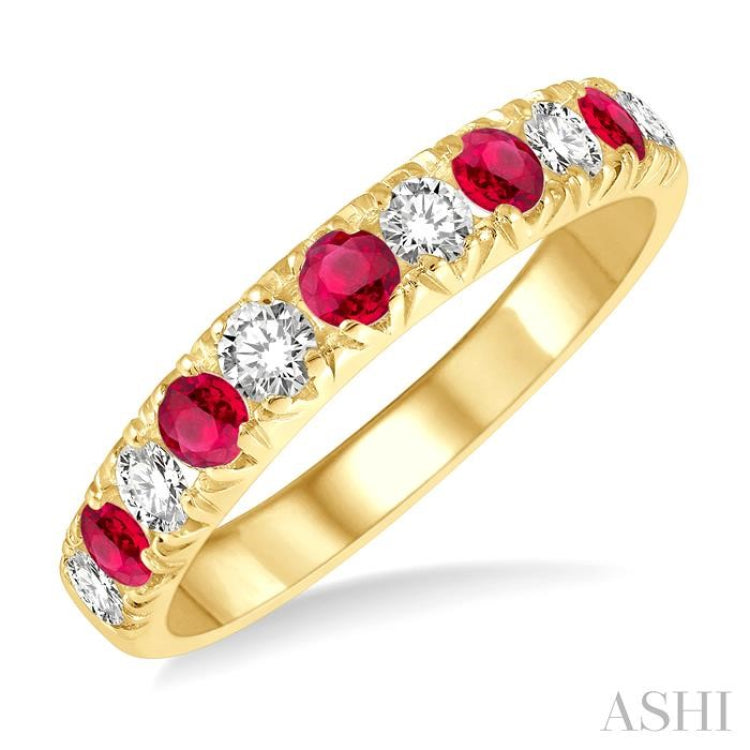 2.6 MM Ruby and 3/8 Ctw Round Cut Diamond Precious Wedding Band in 14K Yellow Gold