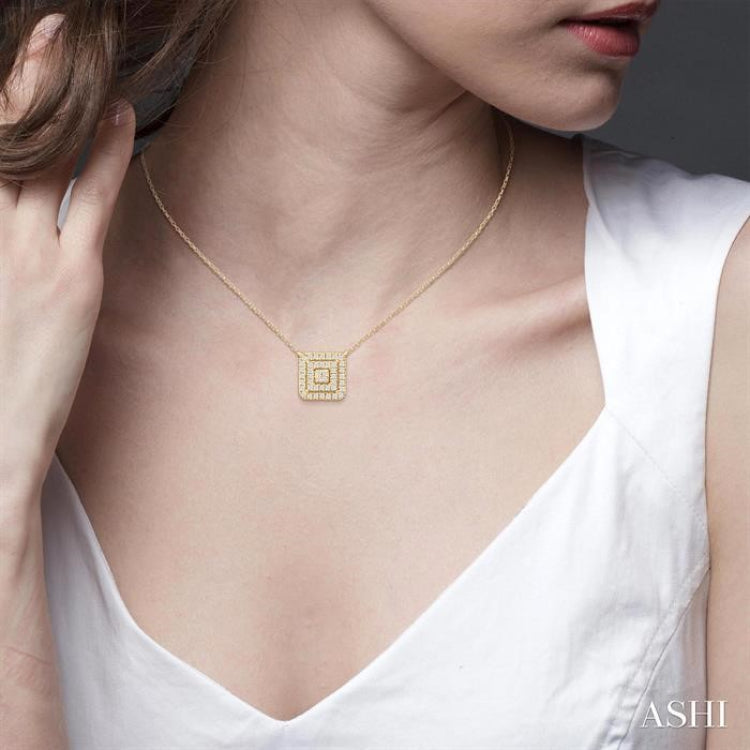 1/6 Ctw Double Halo Square Shape Petite Round Cut Diamond Fashion Pendant With Chain in 10K Yellow Gold