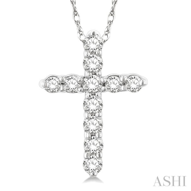 1/10 Ctw Round Cut Diamond Cross Pendant in 14K White Gold with Chain