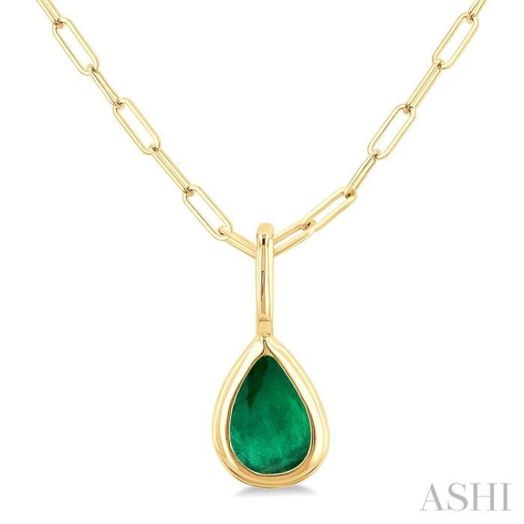 6x4 MM Bezel Set Pear Cut Emerald Precious Fashion Pendant With Paperclip Chain in 14K Yellow Gold